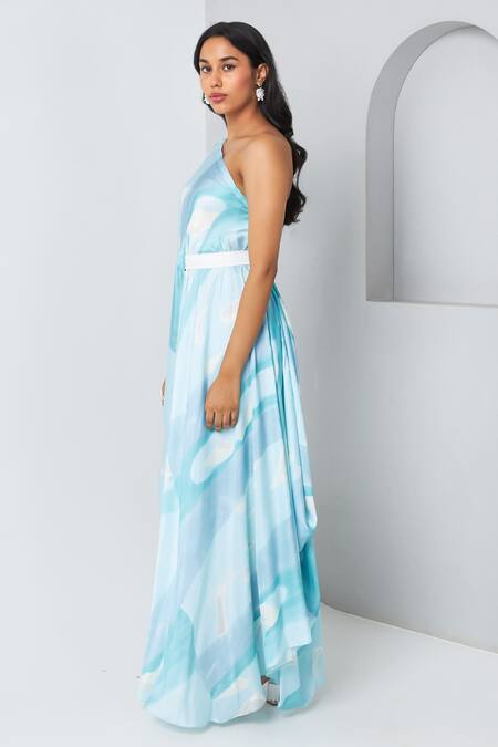 Vedika M_Blue Satin Asymmetric Printed Draped Dress With Belt _at_Aza_Fashions