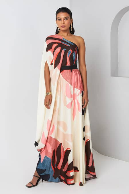 Vedika M Multi Color Satin Printed Abstract Floral Asymmetric Draped Dress 