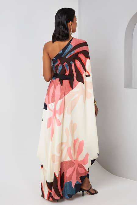Shop_Vedika M_Multi Color Satin Asymmetric Abstract Floral Print Draped Dress _at_Aza_Fashions
