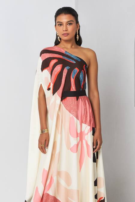 Vedika M_Multi Color Satin Asymmetric Abstract Floral Print Draped Dress _Online_at_Aza_Fashions