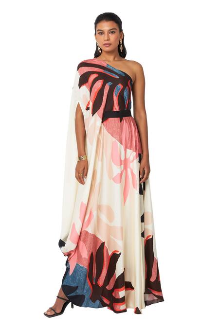 Buy_Vedika M_Multi Color Satin Asymmetric Abstract Floral Print Draped Dress _Online_at_Aza_Fashions
