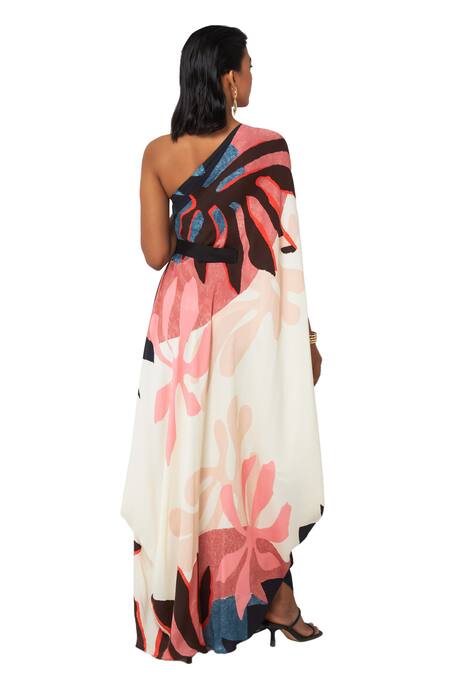 Shop_Vedika M_Multi Color Satin Asymmetric Abstract Floral Print Draped Dress _Online_at_Aza_Fashions