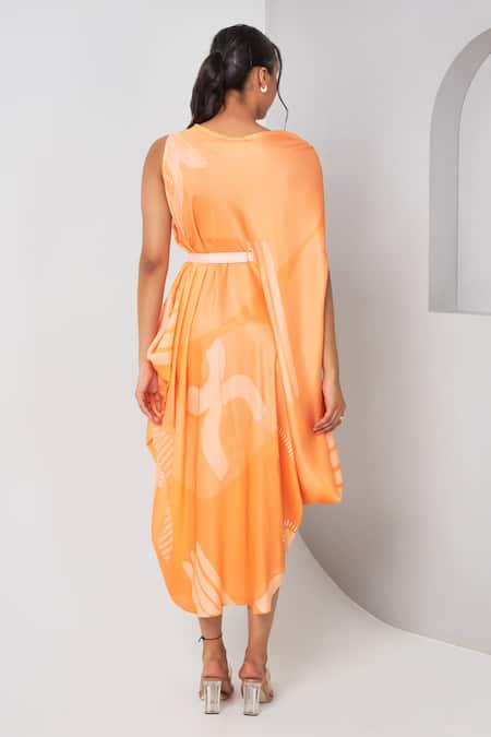 Shop Vedika M Orange Satin Asymmetric Abstract Print Draped Dress at Aza Fashions Shop_Vedika M_Orange Satin Asymmetric Abstract Print Draped Dress _at_Aza_Fashions
