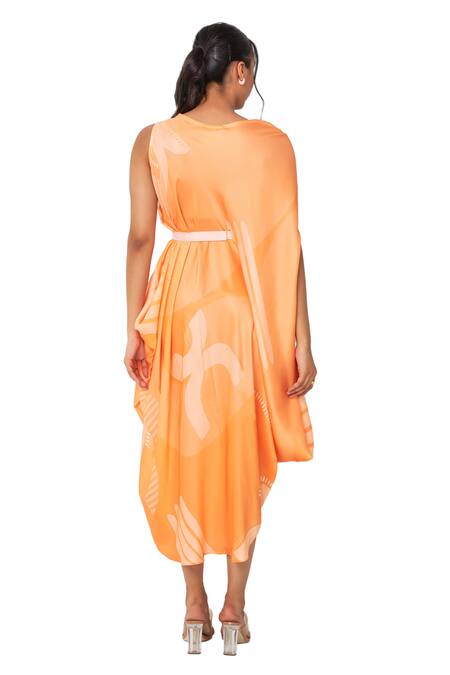 Vedika M Orange Satin Asymmetric Abstract Print Draped Dress Online at Aza Fashions Vedika M_Orange Satin Asymmetric Abstract Print Draped Dress _Online_at_Aza_Fashions