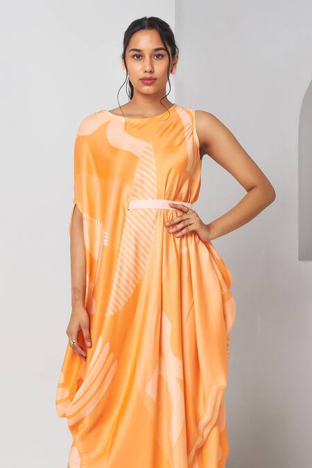 Buy Vedika M Orange Satin Asymmetric Abstract Print Draped Dress Online at Aza Fashions Buy_Vedika M_Orange Satin Asymmetric Abstract Print Draped Dress _Online_at_Aza_Fashions