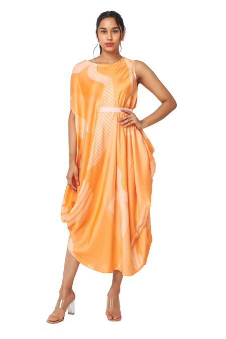 Shop Vedika M Orange Satin Asymmetric Abstract Print Draped Dress Online at Aza Fashions Shop_Vedika M_Orange Satin Asymmetric Abstract Print Draped Dress _Online_at_Aza_Fashions