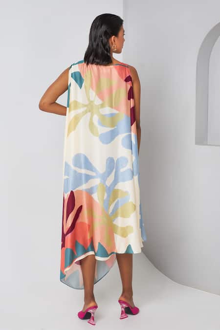Shop Vedika M Multi Color Satin Boat Neck Tropical Print Draped Dress at Aza Fashions Shop_Vedika M_Multi Color Satin Boat Neck Tropical Print Draped Dress _at_Aza_Fashions