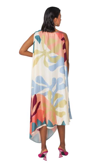 Vedika M Multi Color Satin Boat Neck Tropical Print Draped Dress Online at Aza Fashions Vedika M_Multi Color Satin Boat Neck Tropical Print Draped Dress _Online_at_Aza_Fashions