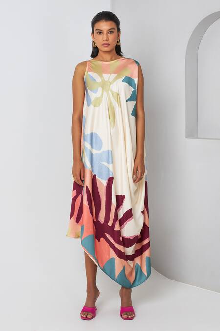 Buy Vedika M Multi Color Satin Boat Neck Tropical Print Draped Dress Online at Aza Fashions Buy_Vedika M_Multi Color Satin Boat Neck Tropical Print Draped Dress _Online_at_Aza_Fashions