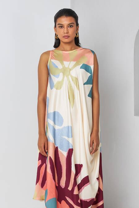 Shop Vedika M Multi Color Satin Boat Neck Tropical Print Draped Dress Online at Aza Fashions Shop_Vedika M_Multi Color Satin Boat Neck Tropical Print Draped Dress _Online_at_Aza_Fashions
