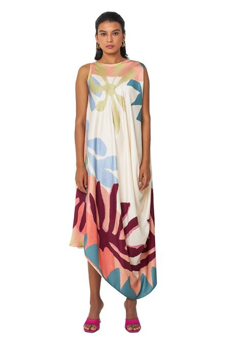 Vedika M Multi Color Satin Boat Neck Tropical Print Draped Dress at Aza Fashions Vedika M_Multi Color Satin Boat Neck Tropical Print Draped Dress _at_Aza_Fashions