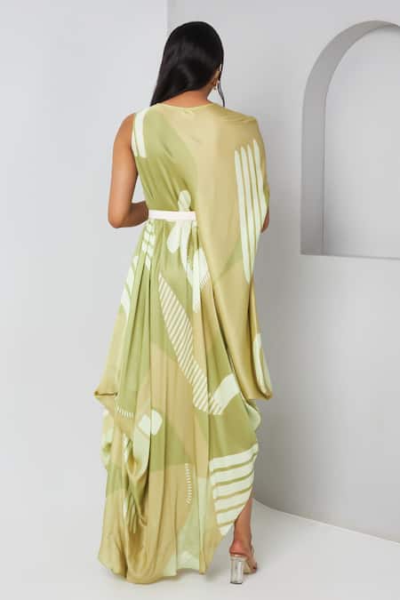 Shop_Vedika M_Green Satin Round Neck Printed Draped Dress With Belt _at_Aza_Fashions
