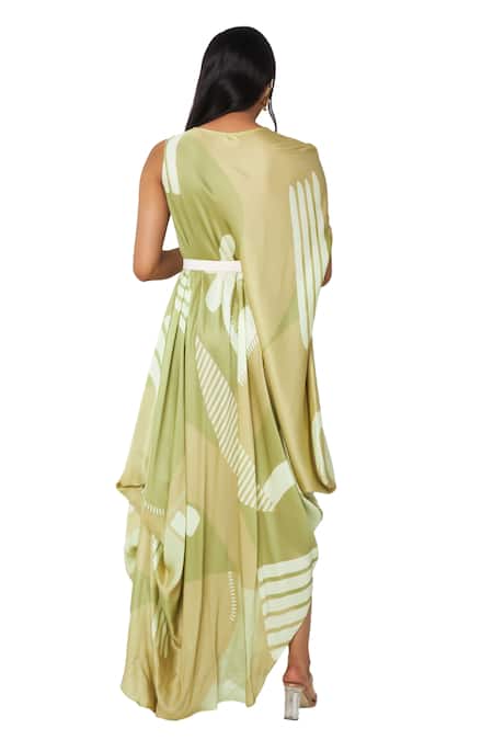 Vedika M_Green Satin Round Neck Printed Draped Dress With Belt _Online_at_Aza_Fashions