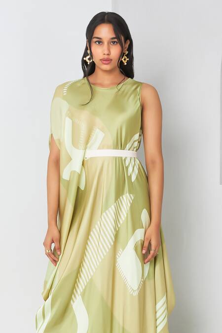 Buy_Vedika M_Green Satin Round Neck Printed Draped Dress With Belt _Online_at_Aza_Fashions