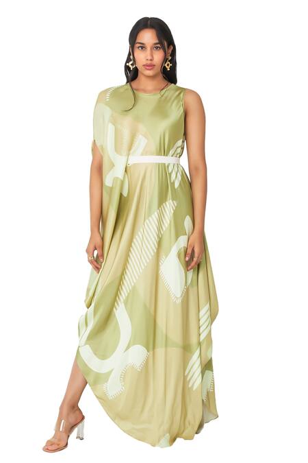 Shop_Vedika M_Green Satin Round Neck Printed Draped Dress With Belt _Online_at_Aza_Fashions