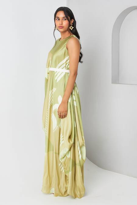Vedika M_Green Satin Round Neck Printed Draped Dress With Belt _at_Aza_Fashions