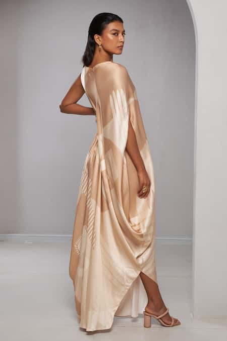 Shop Vedika M Beige Satin Round Neck Geometric Print Draped Dress With Belt at Aza Fashions Shop_Vedika M_Beige Satin Round Neck Geometric Print Draped Dress With Belt _at_Aza_Fashions
