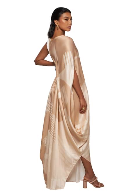 Vedika M Beige Satin Round Neck Geometric Print Draped Dress With Belt Online at Aza Fashions Vedika M_Beige Satin Round Neck Geometric Print Draped Dress With Belt _Online_at_Aza_Fashions