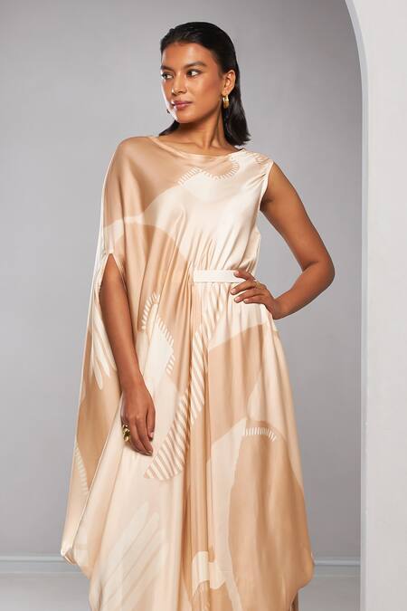 Buy Vedika M Beige Satin Round Neck Geometric Print Draped Dress With Belt Online at Aza Fashions Buy_Vedika M_Beige Satin Round Neck Geometric Print Draped Dress With Belt _Online_at_Aza_Fashions