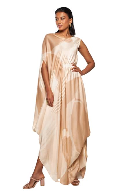 Shop Vedika M Beige Satin Round Neck Geometric Print Draped Dress With Belt Online at Aza Fashions Shop_Vedika M_Beige Satin Round Neck Geometric Print Draped Dress With Belt _Online_at_Aza_Fashions