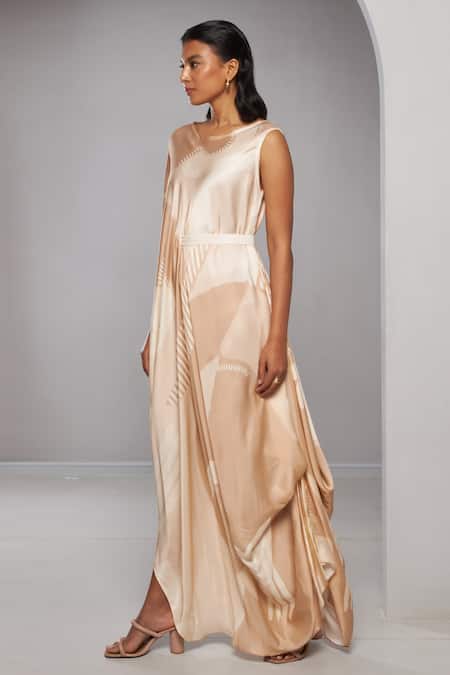 Vedika M Beige Satin Round Neck Geometric Print Draped Dress With Belt at Aza Fashions Vedika M_Beige Satin Round Neck Geometric Print Draped Dress With Belt _at_Aza_Fashions