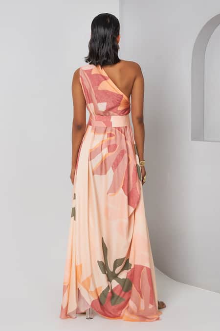 Shop_Vedika M_Multi Color Satin Asymmetric Floral Print Draped Dress With Belt _at_Aza_Fashions