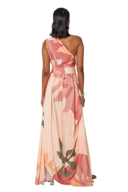 Vedika M_Multi Color Satin Asymmetric Floral Print Draped Dress With Belt _Online_at_Aza_Fashions