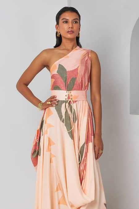 Buy_Vedika M_Multi Color Satin Asymmetric Floral Print Draped Dress With Belt _Online_at_Aza_Fashions