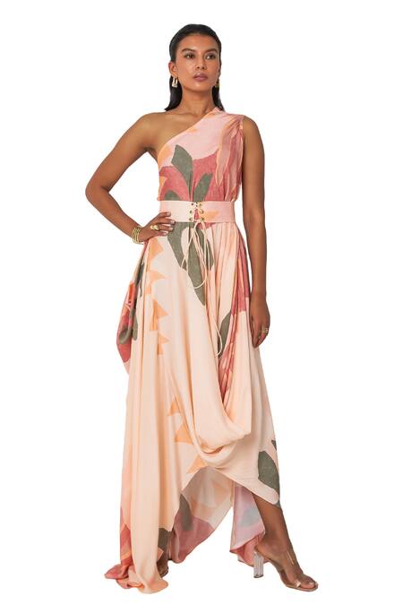 Shop_Vedika M_Multi Color Satin Asymmetric Floral Print Draped Dress With Belt _Online_at_Aza_Fashions