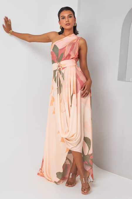 Vedika M_Multi Color Satin Asymmetric Floral Print Draped Dress With Belt _at_Aza_Fashions