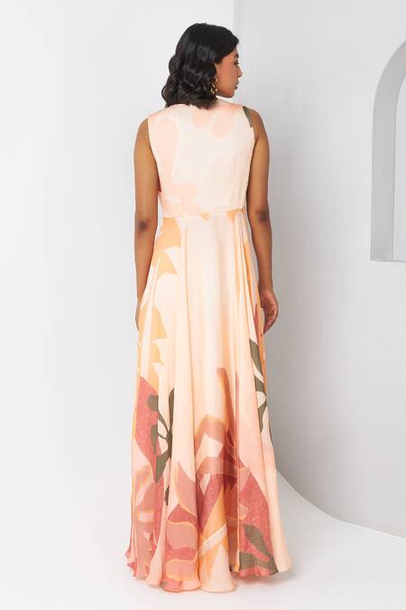 Shop Vedika M Multi Color Satin V-neck Flower Print Dress at Aza Fashions Shop_Vedika M_Multi Color Satin V-neck Flower Print Dress _at_Aza_Fashions