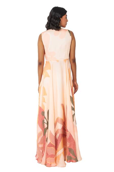 Vedika M Multi Color Satin V-neck Flower Print Dress Online at Aza Fashions Vedika M_Multi Color Satin V-neck Flower Print Dress _Online_at_Aza_Fashions