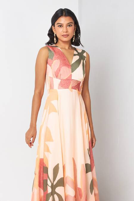 Buy Vedika M Multi Color Satin V-neck Flower Print Dress Online at Aza Fashions Buy_Vedika M_Multi Color Satin V-neck Flower Print Dress _Online_at_Aza_Fashions
