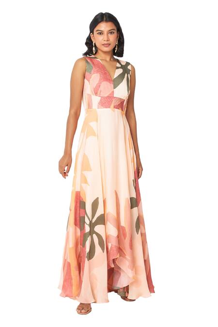 Shop Vedika M Multi Color Satin V-neck Flower Print Dress Online at Aza Fashions Shop_Vedika M_Multi Color Satin V-neck Flower Print Dress _Online_at_Aza_Fashions