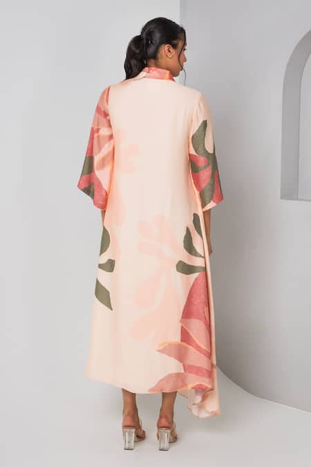 Shop Vedika M Multi Color Satin V-neck Abstract Floral Print Overlapped Dress at Aza Fashions Shop_Vedika M_Multi Color Satin V-neck Abstract Floral Print Overlapped Dress _at_Aza_Fashions