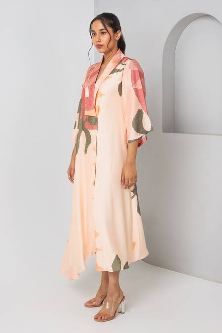 Buy Vedika M Multi Color Satin V-neck Abstract Floral Print Overlapped Dress Online at Aza Fashions Buy_Vedika M_Multi Color Satin V-neck Abstract Floral Print Overlapped Dress _Online_at_Aza_Fashions