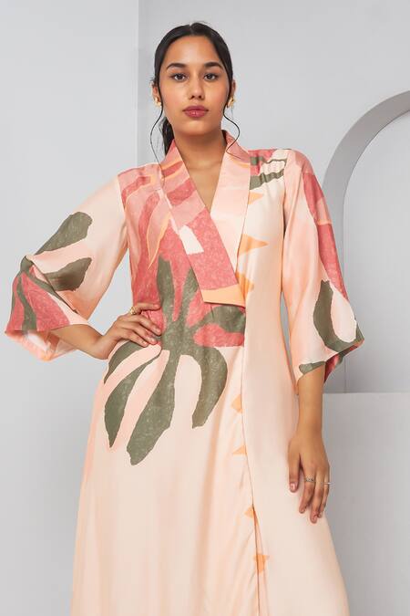Shop Vedika M Multi Color Satin V-neck Abstract Floral Print Overlapped Dress Online at Aza Fashions Shop_Vedika M_Multi Color Satin V-neck Abstract Floral Print Overlapped Dress _Online_at_Aza_Fashions