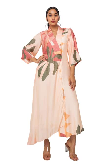 Vedika M Multi Color Satin V-neck Abstract Floral Print Overlapped Dress at Aza Fashions Vedika M_Multi Color Satin V-neck Abstract Floral Print Overlapped Dress _at_Aza_Fashions