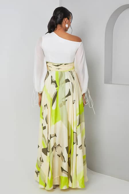 Shop Vedika M Green Satin, Bamboo Asymmetric Abstract Placement Print Dress at Aza Fashions Shop_Vedika M_Green Satin, Bamboo Asymmetric Abstract Placement Print Dress _at_Aza_Fashions