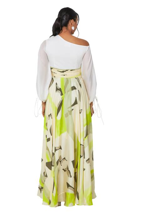 Vedika M Green Satin, Bamboo Asymmetric Abstract Placement Print Dress Online at Aza Fashions Vedika M_Green Satin, Bamboo Asymmetric Abstract Placement Print Dress _Online_at_Aza_Fashions