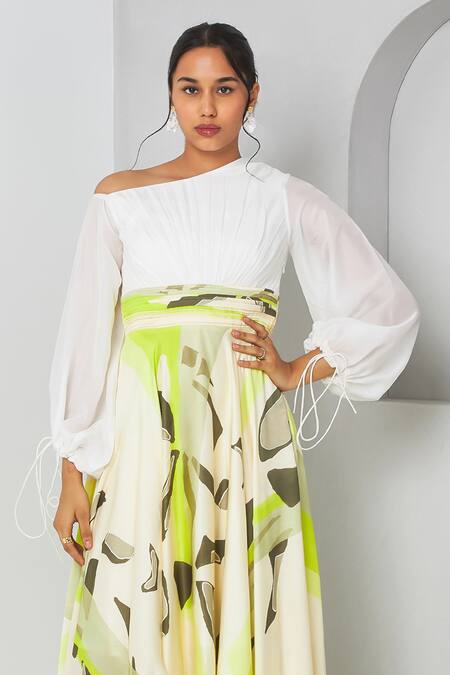 Buy Vedika M Green Satin, Bamboo Asymmetric Abstract Placement Print Dress Online at Aza Fashions Buy_Vedika M_Green Satin, Bamboo Asymmetric Abstract Placement Print Dress _Online_at_Aza_Fashions