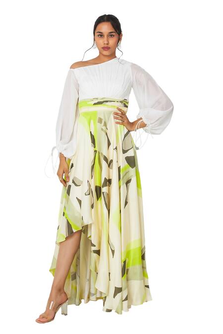 Vedika M Green Satin, Bamboo Asymmetric Abstract Placement Print Dress at Aza Fashions Vedika M_Green Satin, Bamboo Asymmetric Abstract Placement Print Dress _at_Aza_Fashions