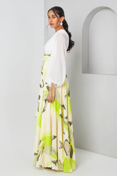 Buy Vedika M Green Satin, Bamboo Asymmetric Abstract Placement Print Dress Buy_Vedika M_Green Satin, Bamboo Asymmetric Abstract Placement Print Dress
