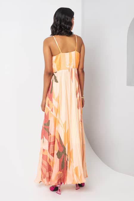 Shop Vedika M Multi Color Satin, Viscose, Organza Round Neck Floral Print Pleated Dress at Aza Fashions Shop_Vedika M_Multi Color Satin, Viscose, Organza Round Neck Floral Print Pleated Dress _at_Aza_Fashions