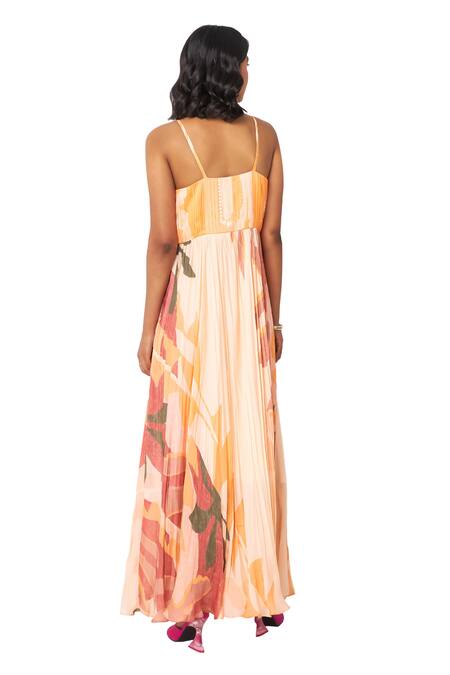 Vedika M Multi Color Satin, Viscose, Organza Round Neck Floral Print Pleated Dress Online at Aza Fashions Vedika M_Multi Color Satin, Viscose, Organza Round Neck Floral Print Pleated Dress _Online_at_Aza_Fashions
