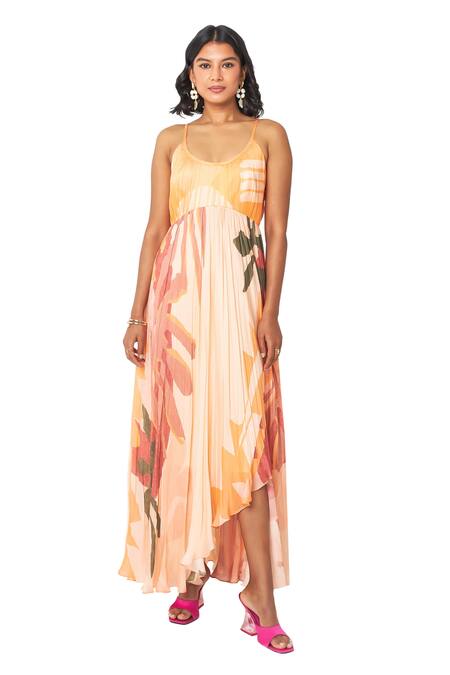 Buy Vedika M Multi Color Satin, Viscose, Organza Round Neck Floral Print Pleated Dress Online at Aza Fashions Buy_Vedika M_Multi Color Satin, Viscose, Organza Round Neck Floral Print Pleated Dress _Online_at_Aza_Fashions