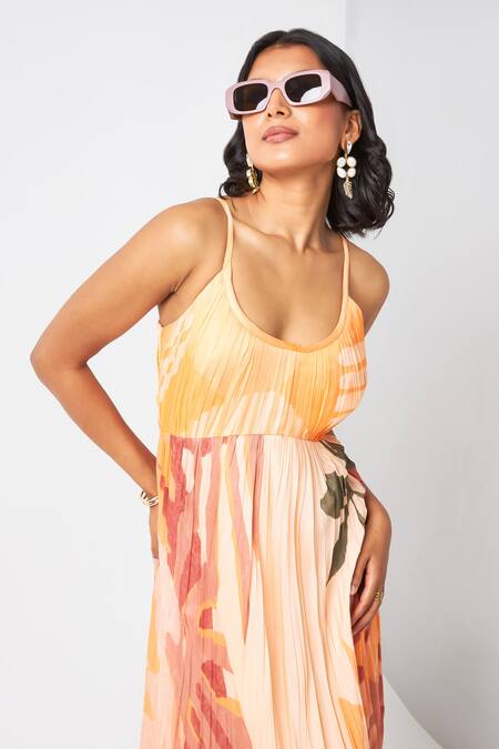 Shop Vedika M Multi Color Satin, Viscose, Organza Round Neck Floral Print Pleated Dress Online at Aza Fashions Shop_Vedika M_Multi Color Satin, Viscose, Organza Round Neck Floral Print Pleated Dress _Online_at_Aza_Fashions