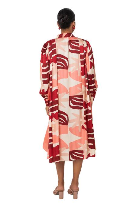 Vedika M_Multi Color Satin Collared Nature Print High-low Dress _Online_at_Aza_Fashions