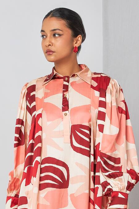 Buy_Vedika M_Multi Color Satin Collared Nature Print High-low Dress _Online_at_Aza_Fashions