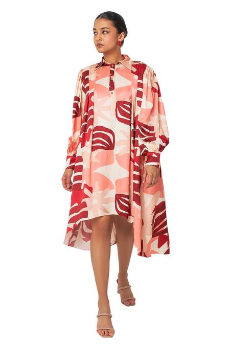 Shop_Vedika M_Multi Color Satin Collared Nature Print High-low Dress _Online_at_Aza_Fashions